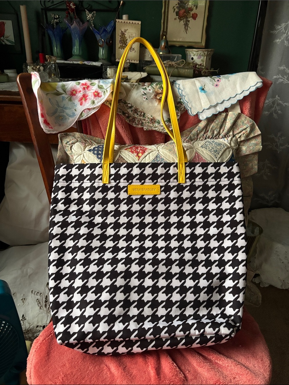 Vera Bradley Yellow Handle Black & White Houndstooth Tote Bag